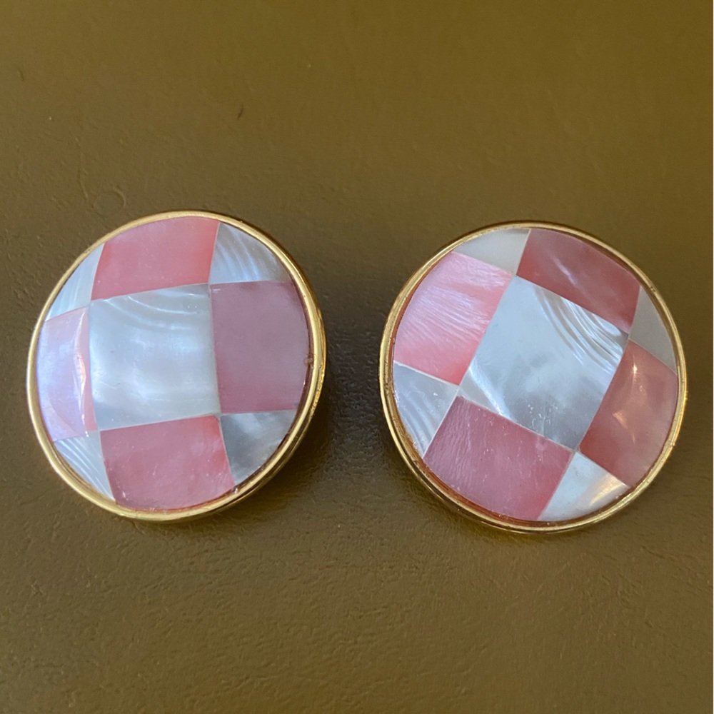 Vintage checkerboard mother of pearl earrings Clip-on